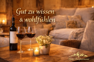 Ferienwohnung Montafon gemütlicher Aufenthalt Haus Bergharmonie Wohnzimmer Kerzen Wein Alpen Vorarlberg