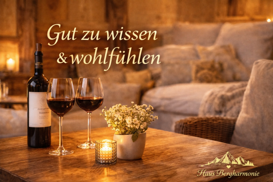 Ferienwohnung Montafon gemütlicher Aufenthalt Haus Bergharmonie Wohnzimmer Kerzen Wein Alpen Vorarlberg