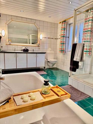 Badezimmer Dusche Ferienwohnung Haus Bergharmonie Tschagguns Montafon – helles Bad mit Dusche und Waschtisch